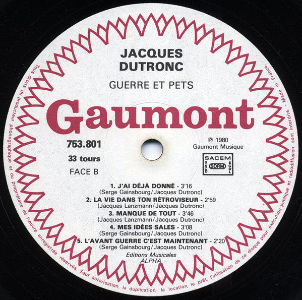 Jacques Dutronc : Guerre Et Pets (LP, Album)