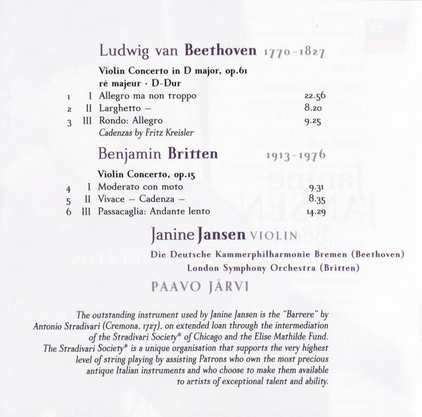 Janine Jansen - Ludwig van Beethoven / Benjamin Britten - Deutsche Kammerphilharmonie Bremen / London Symphony Orchestra, The, Paavo Järvi - Violin Concertos (CD Tweedehands) - Discords.nl