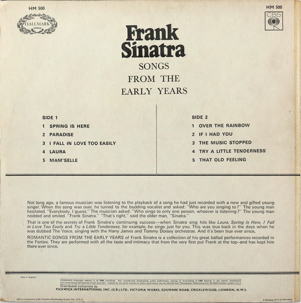 Frank Sinatra : Romantic Songs From The Early Years (LP, Comp)
