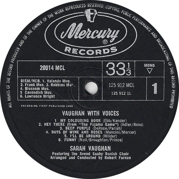 Sarah Vaughan : Vaughan With Voices (LP, Album, Mono)