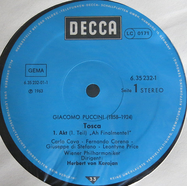 Giacomo Puccini ; Leontyne Price, Di Stefano*, Taddei*, Corena*, Wiener Philharmoniker, Herbert von Karajan : Tosca (2xLP, RE + Box)