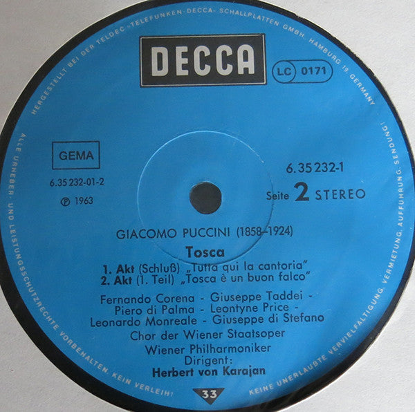 Giacomo Puccini ; Leontyne Price, Di Stefano*, Taddei*, Corena*, Wiener Philharmoniker, Herbert von Karajan : Tosca (2xLP, RE + Box)