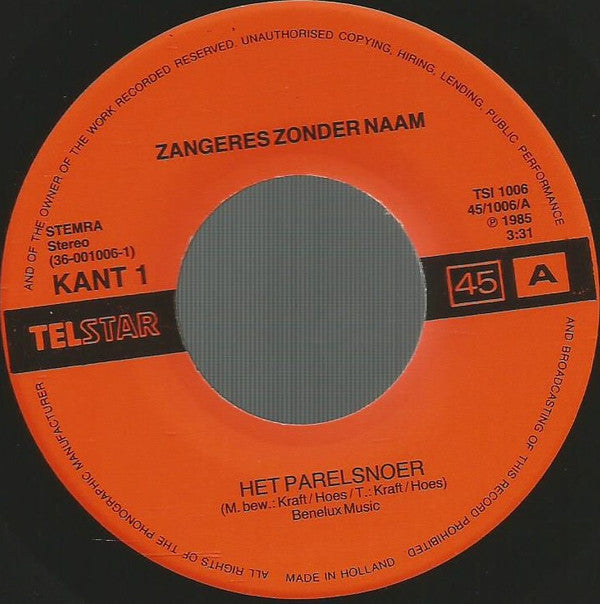 Zangeres Zonder Naam : Het Parelsnoer / De Vlieger (7", Single)