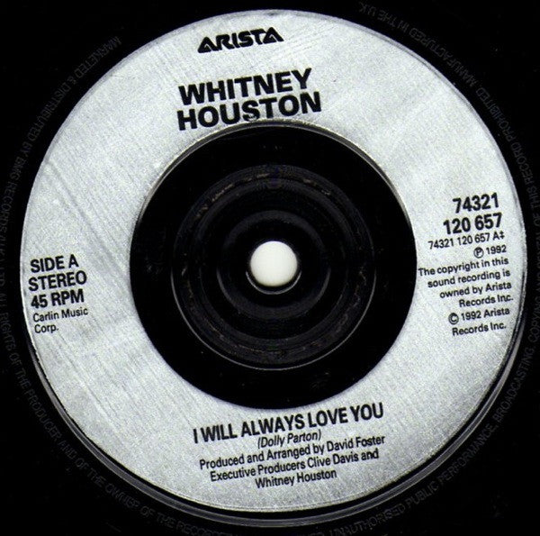 Whitney Houston : I Will Always Love You (7", Single, Sil)