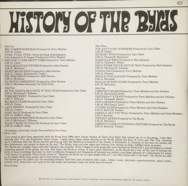 The Byrds : History Of The Byrds (2xLP, Comp, Gat)