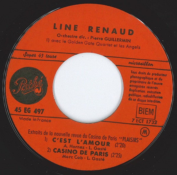 Line Renaud : Line Renaud Dans Plaisirs (Extraits De La Nouvelle Revue Du Casino De Paris "Plaisirs") (7", EP, Mono)