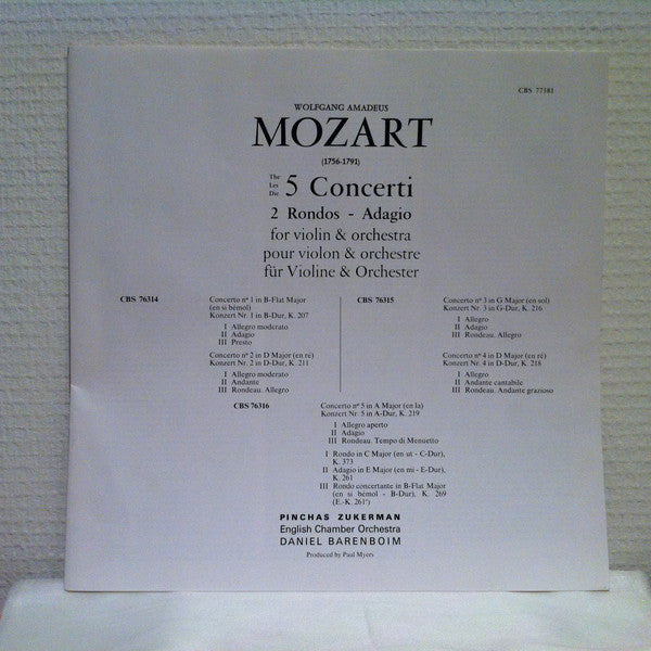Wolfgang Amadeus Mozart : The 5 Concerti For Violin & Orchestra (3xLP + Box)