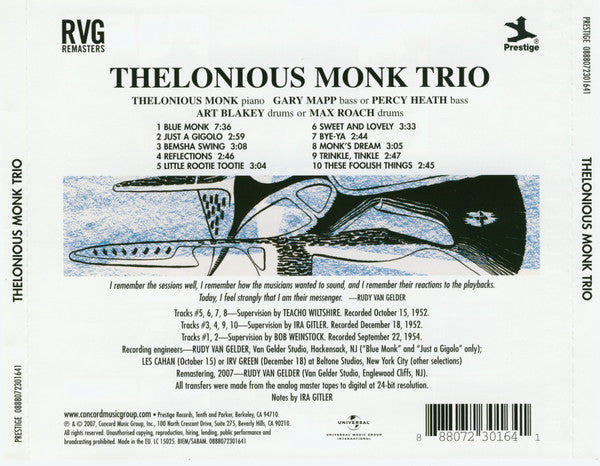 Thelonious Monk : Thelonious Monk Trio (CD, Comp, RE, RM)