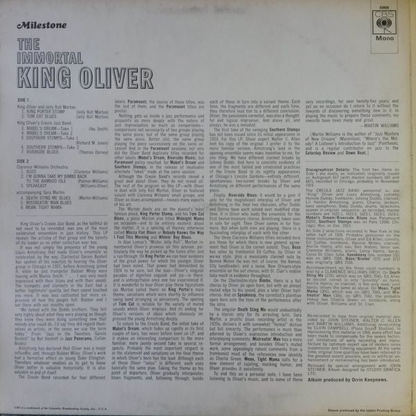 King Oliver : The Immortal King Oliver (LP, Comp, Mono)