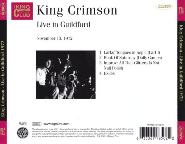 King Crimson : Live In Guildford (November 13, 1972) (CD, Album, Club, RE)