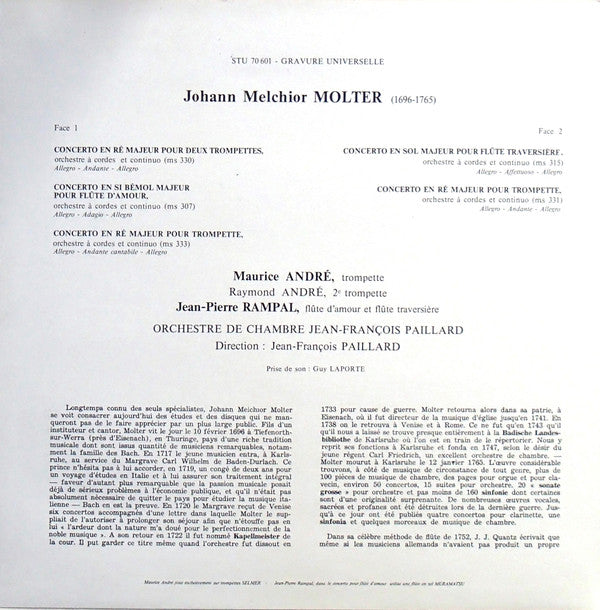 Maurice André, Jean-Pierre Rampal Interpretent Johann Melchior Molter : Cinq Concertos (LP)