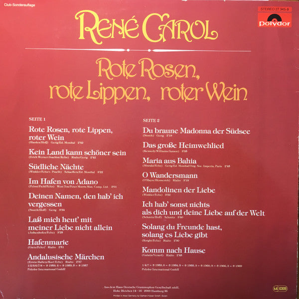 René Carol : Rote Rosen, Rote Lippen, Roter Wein (LP, Comp, Club)
