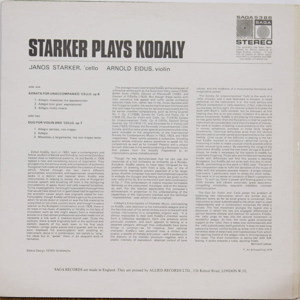Zoltán Kodály, Janos Starker : Starker Plays Kodaly (LP, Album, RE)