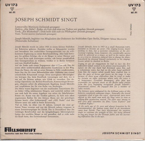 Joseph Schmidt : Joseph Schmidt Singt (7", EP)