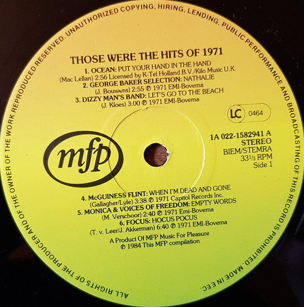 Various : Those Were The Hits Of 1971 (LP, Comp)