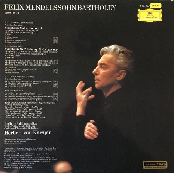 Felix Mendelssohn Bartholdy*, Herbert Von Karajan, Berliner Philharmoniker, Edith Mathis, Liselotte Rebmann, Werner Hollweg, Chor Der Deutschen Oper Berlin : Symphonien Nr. 1 & 2 "Lobgesang" (2xLP, Gat)