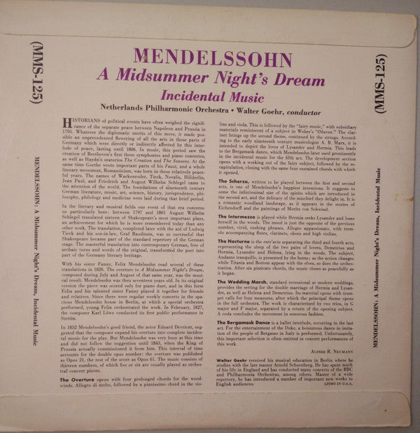 Mendelssohn* - Netherlands Philharmonic Orchestra*, Walter Goehr : A Midsummer Night's Dream (Incidental Music) (10")