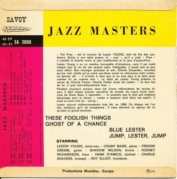 Lester Young, Count Basie : Jazz Masters (7", EP)