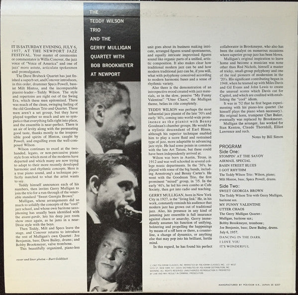 Teddy Wilson Trio & Gerry Mulligan Quartet With Bob Brookmeyer & Bill Evans : At Newport (LP, Album, Mono, RE)