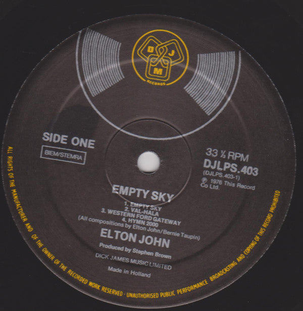 Elton John : Empty Sky (LP, Album, RE, Gat)