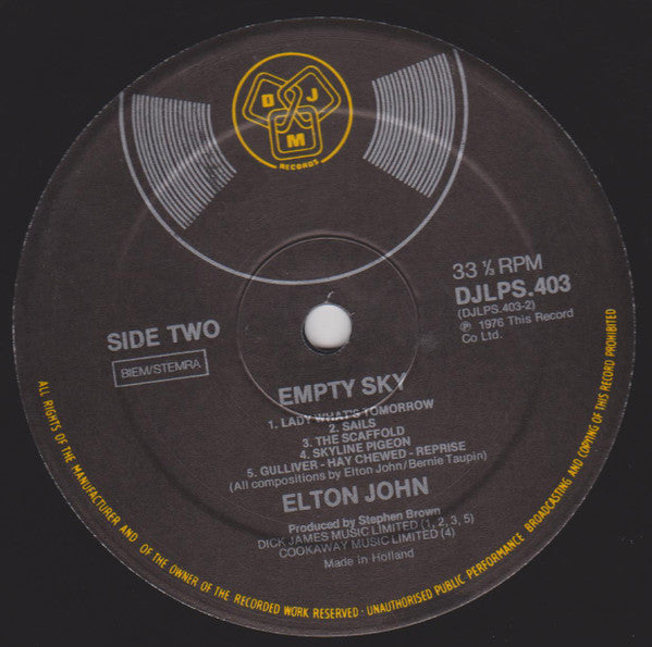 Elton John : Empty Sky (LP, Album, RE, Gat)