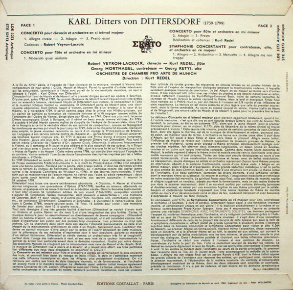 Carl Ditters von Dittersdorf / Orchestre Pro Arte De Munich, Kurt Redel : Three Concerti, Harpsichord, Flute, Double Bass &​ Viola  (LP, Album)