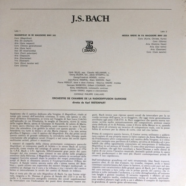 Johann Sebastian Bach, Kammerorchester Des Saarländischen Rundfunks, Saarbrücken Directed By Karl Ristenpart : Magnificat (LP)