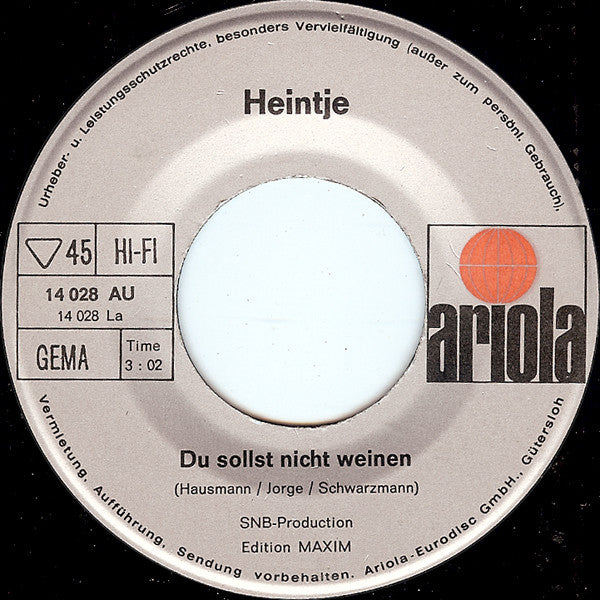 Heintje : Du Sollst Nicht Weinen / Ich Bau' Dir Ein Schloß (7", Single, Mono, Son)