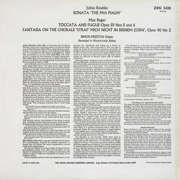 Simon Preston, Julius Reubke / Max Reger : Sonata 'The 94th Psalm' / Toccata And Fugue Opus 59 Nos 5 And 6 / Fantasia On The Chorale 'Straf' Mich Nicht In Deinem Zorn' Opus 40 No. 2 (LP, RP)