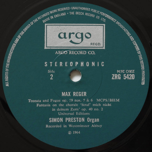 Simon Preston, Julius Reubke / Max Reger : Sonata 'The 94th Psalm' / Toccata And Fugue Opus 59 Nos 5 And 6 / Fantasia On The Chorale 'Straf' Mich Nicht In Deinem Zorn' Opus 40 No. 2 (LP, RP)