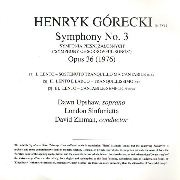 Henryk Górecki / Dawn Upshaw, London Sinfonietta, David Zinman : Symphony No. 3 (CD, Album)