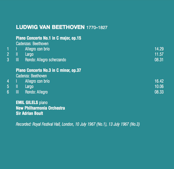 Ludwig van Beethoven, Emil Gilels, New Philharmonia Orchestra, Sir Adrian Boult : Piano Concertos No. 1 & 3 (CD)