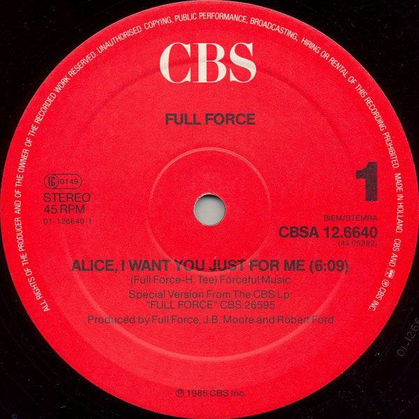 Full Force : Alice, I Want You Just For Me (12", Maxi)