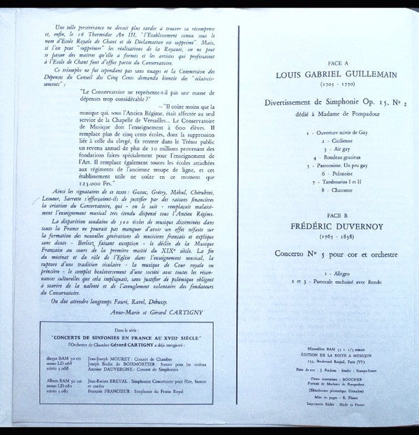 Louis-Gabriel Guillemain / Frédéric Duvernoy - Orchestre De Chambre Gérard Cartigny, Georges Barboteu : Concerts de Sinfonies En France au XVIIIe Siècle (LP, Album)