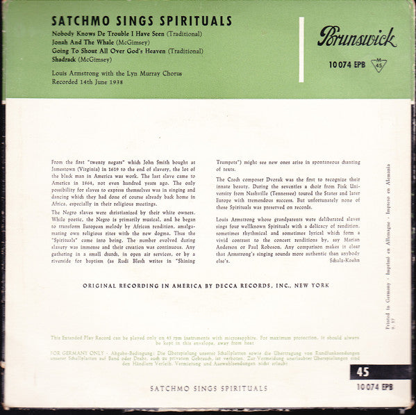 Louis Armstrong : Satchmo Sings Spirituals (7", Single)