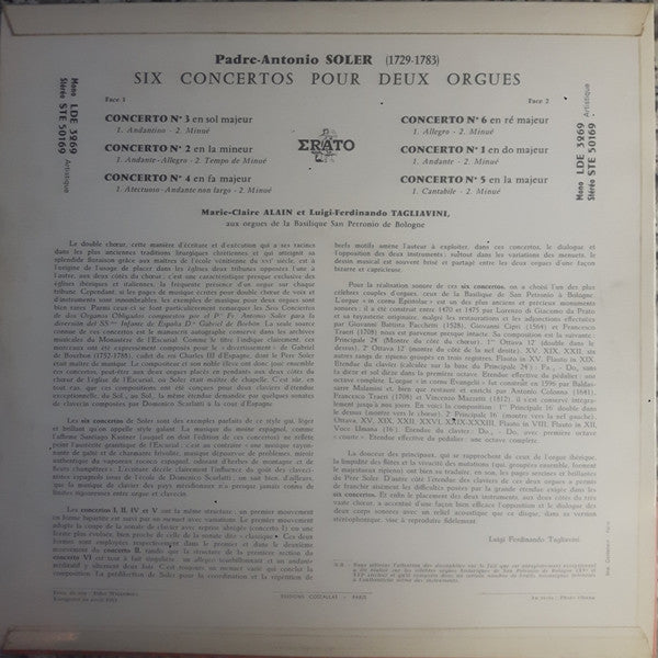 Padre Antonio Soler - Marie-Claire Alain, Luigi Ferdinando Tagliavini : Six Concertos Pour 2 Orgues (LP, Mono)