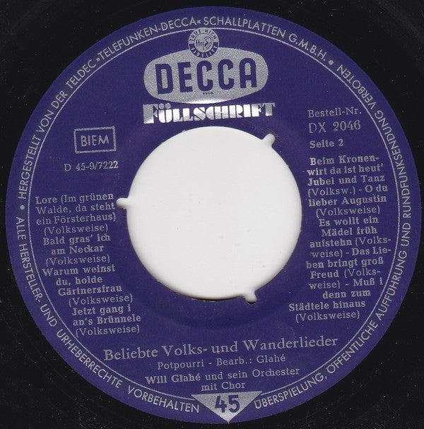 Will Glahé Und Sein Orchester Mit Chor : Beliebte Volks- Und Wanderlieder (7")