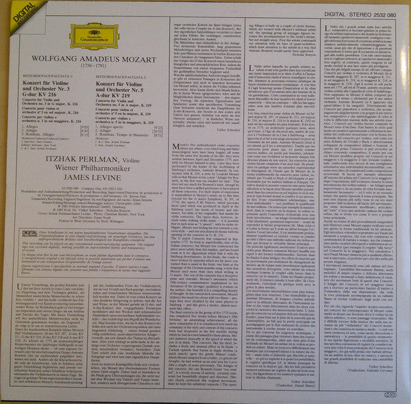 Wolfgang Amadeus Mozart • Wiener Philharmoniker • Itzhak Perlman • James Levine (2) : Violinkonzerte = Violin Concertos Nos. 3 & 5 (LP)