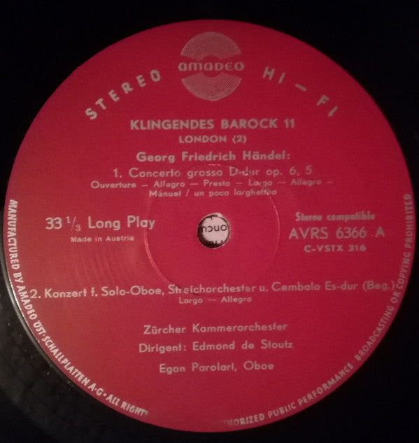 Edmond De Stoutz, Zürcher Kammerorchester, Egon Parolari, Georg Friedrich Händel - Klingendes Barock 11 - London (2) (LP Tweedehands) - Discords.nl