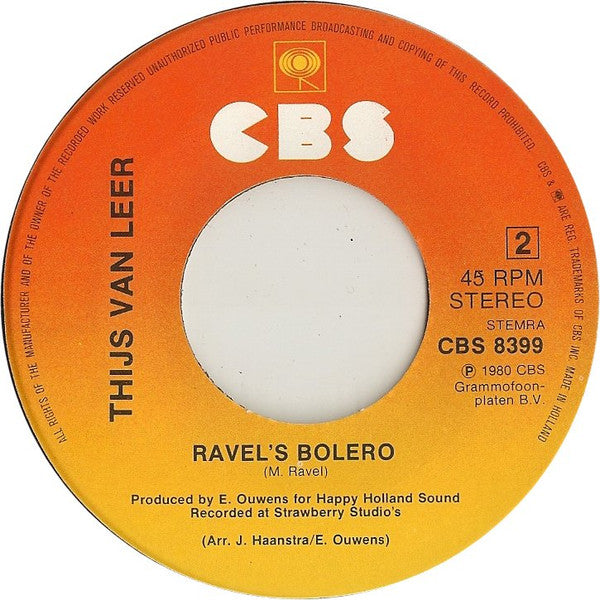 Thijs van Leer : Plays Ravel's Bolero - Love Theme From "10" (7")