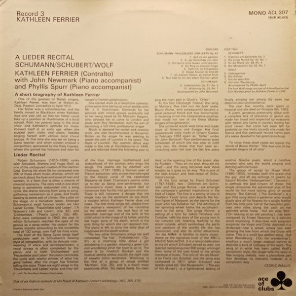 Kathleen Ferrier, John Newmark, Phyllis Spurr, Robert Schumann, Franz Schubert, Hugo Wolf - A Lieder Recital (Record 3) (LP Tweedehands) - Discords.nl