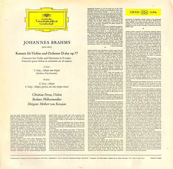 Johannes Brahms - Christian Ferras, Berliner Philharmoniker, Herbert Von Karajan - Violinkonzert In D-Dur (LP Tweedehands) - Discords.nl