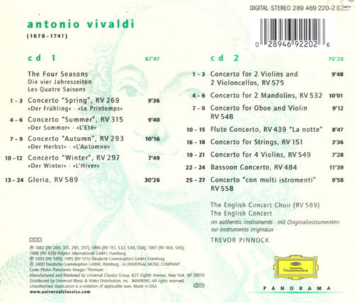 English Concert, The, Trevor Pinnock - Antonio Vivaldi - Four Seasons ・ Concerti "Con Molti Istromenti" ・ Gloria (CD) - Discords.nl
