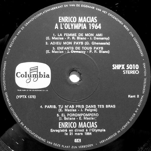 Enrico Macias - Enrico Macias A L'Olympia 1964 (LP Tweedehands) - Discords.nl