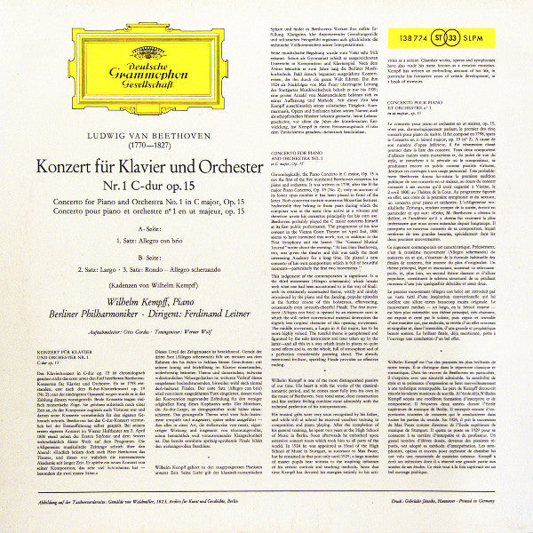 Ludwig van Beethoven, Wilhelm Kempff, Berliner Philharmoniker ∙ Ferdinand Leitner - Klavierkonzert Nr.1 C-Dur (LP Tweedehands) - Discords.nl