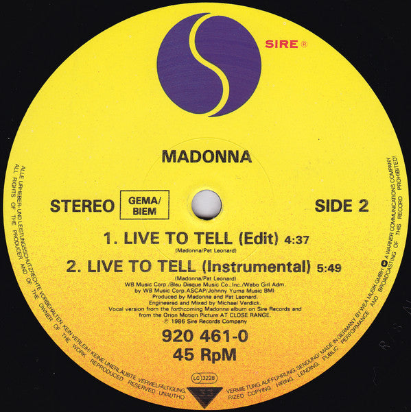 Madonna - Live To Tell (12" Tweedehands) - Discords.nl