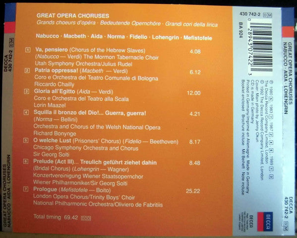 Various - Great Opera Choruses: Nabucco, Macbeth, Aida, Norma, Fidelio, Lohengrin, Mefistofele  (CD Tweedehands) - Discords.nl