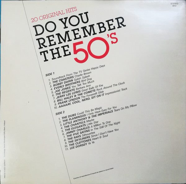 Various - Do You Remember The 50's (20 Original Hits And The Soundtrack From The TV Series Happy Days) (LP Tweedehands) - Discords.nl