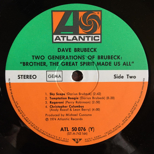 Dave Brubeck and Darius Brubeck Ensemble With Chris & Dan Brubeck - Two Generations Of Brubeck " Brother, The Great Spirit Made Us All". (LP Tweedehands) - Discords.nl