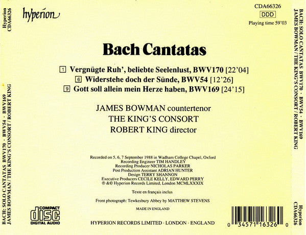 Johann Sebastian Bach, James Bowman (2), King's Consort, The, Robert King (9) - Solo Cantatas BWV54, BWV169, BWV 170 (CD Tweedehands) - Discords.nl